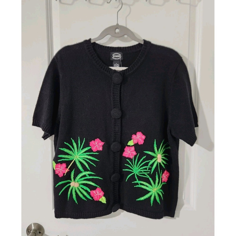 Designers Originals Womens Knit Top Sweater Black Floral Flamingo Short Sleeve L